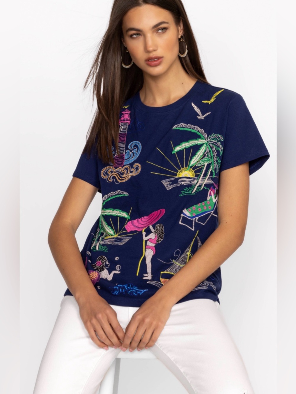 Johnny Was Embroidered Navy Travel Beach Tropical Crew Neck Tee Large
